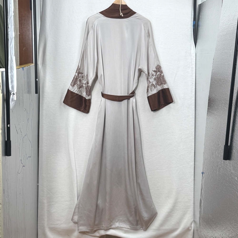 Frette Womens Silk Floral Embroidered Long Robe SM Cream Brown Italian Luxury - Picture 2 of 8